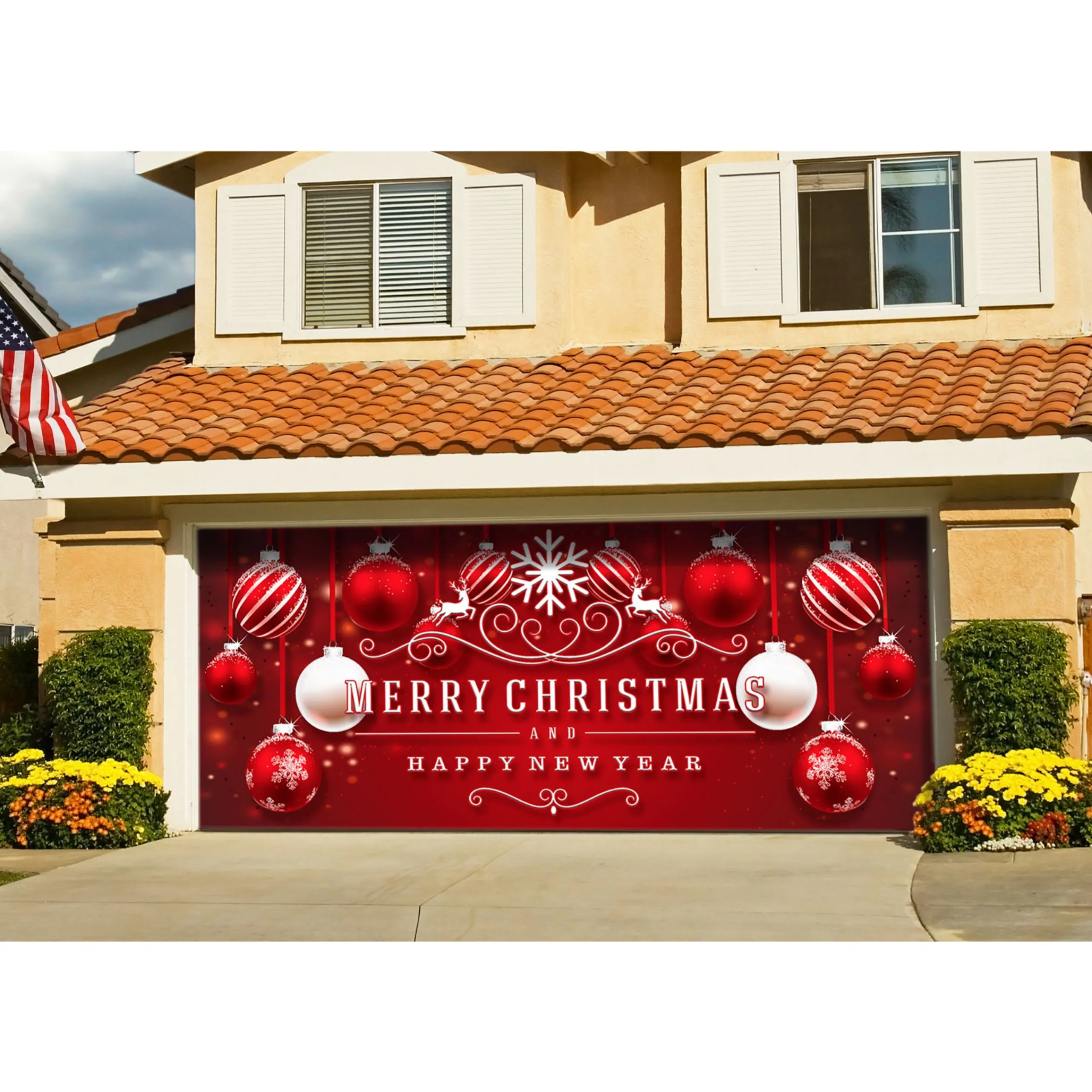 Showdown Displays 7' X 16' Red And White "Merry Christmas And Happy New Year" Outdoor Double Car Garage Door Banner
