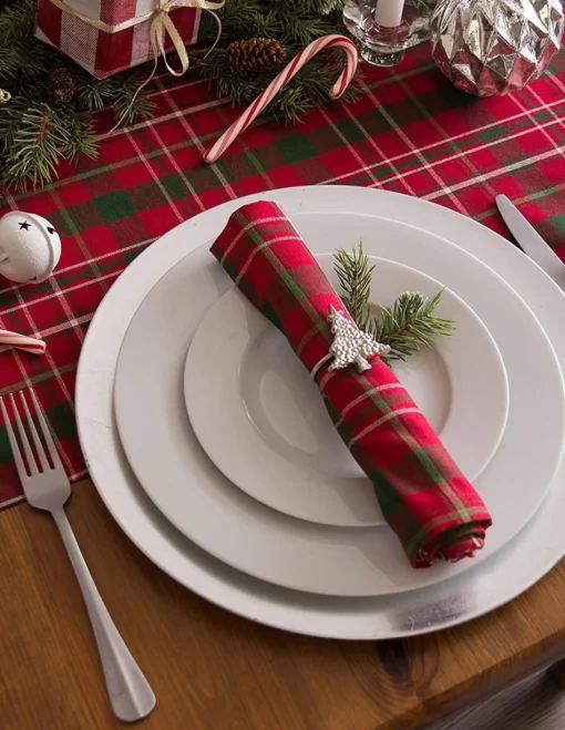 Linens*Contemporary Home Living 14" X 72" Red, Green And White Rectangular Tartan Holly Plaid Table Runner