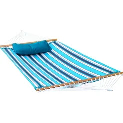 The Hamptons Collection 82" X 55" Teal Green And Brown Stripe Pattern Reversible Sunbrella Quilted Hammock