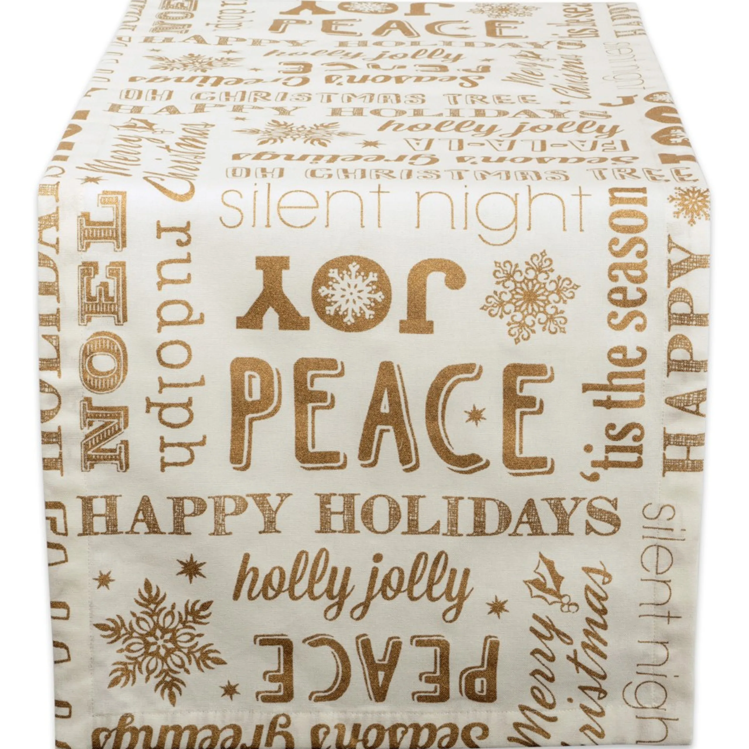 Linens*CC Home Furnishings 72" X 14" White And Gold Colored Christmas Collage Themed Table Runner