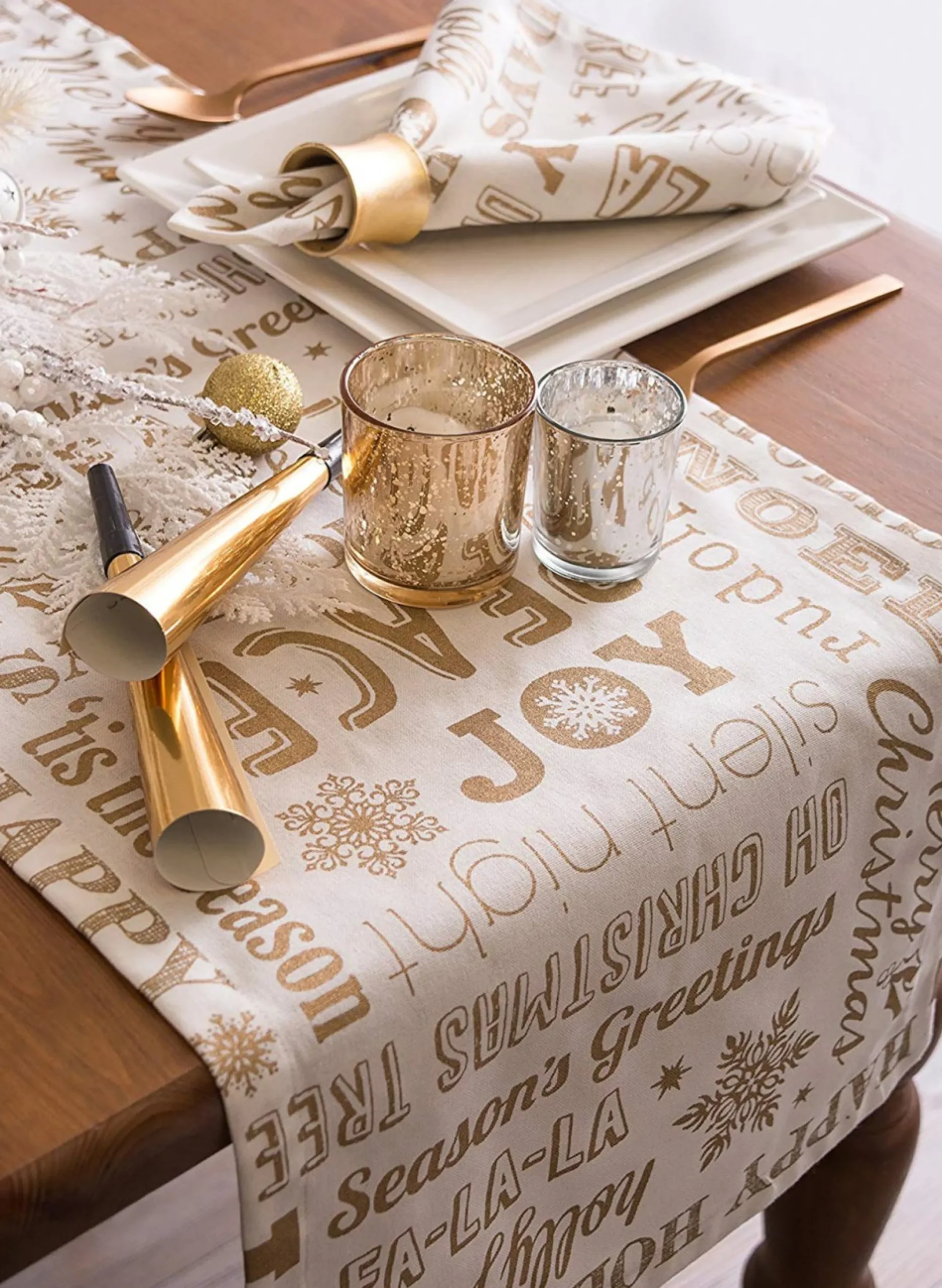 Linens*CC Home Furnishings 72" X 14" White And Gold Colored Christmas Collage Themed Table Runner