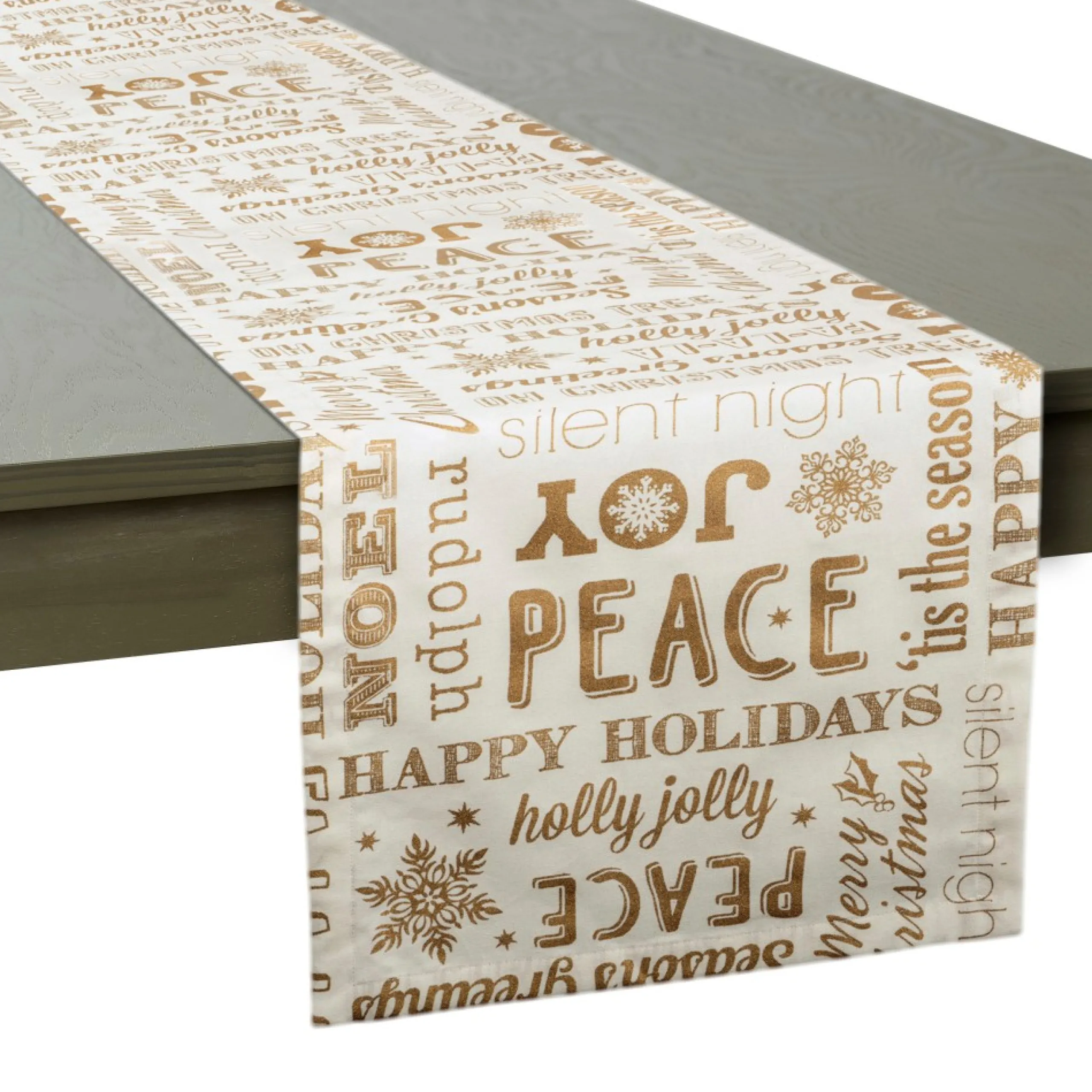 Linens*CC Home Furnishings 72" X 14" White And Gold Colored Christmas Collage Themed Table Runner