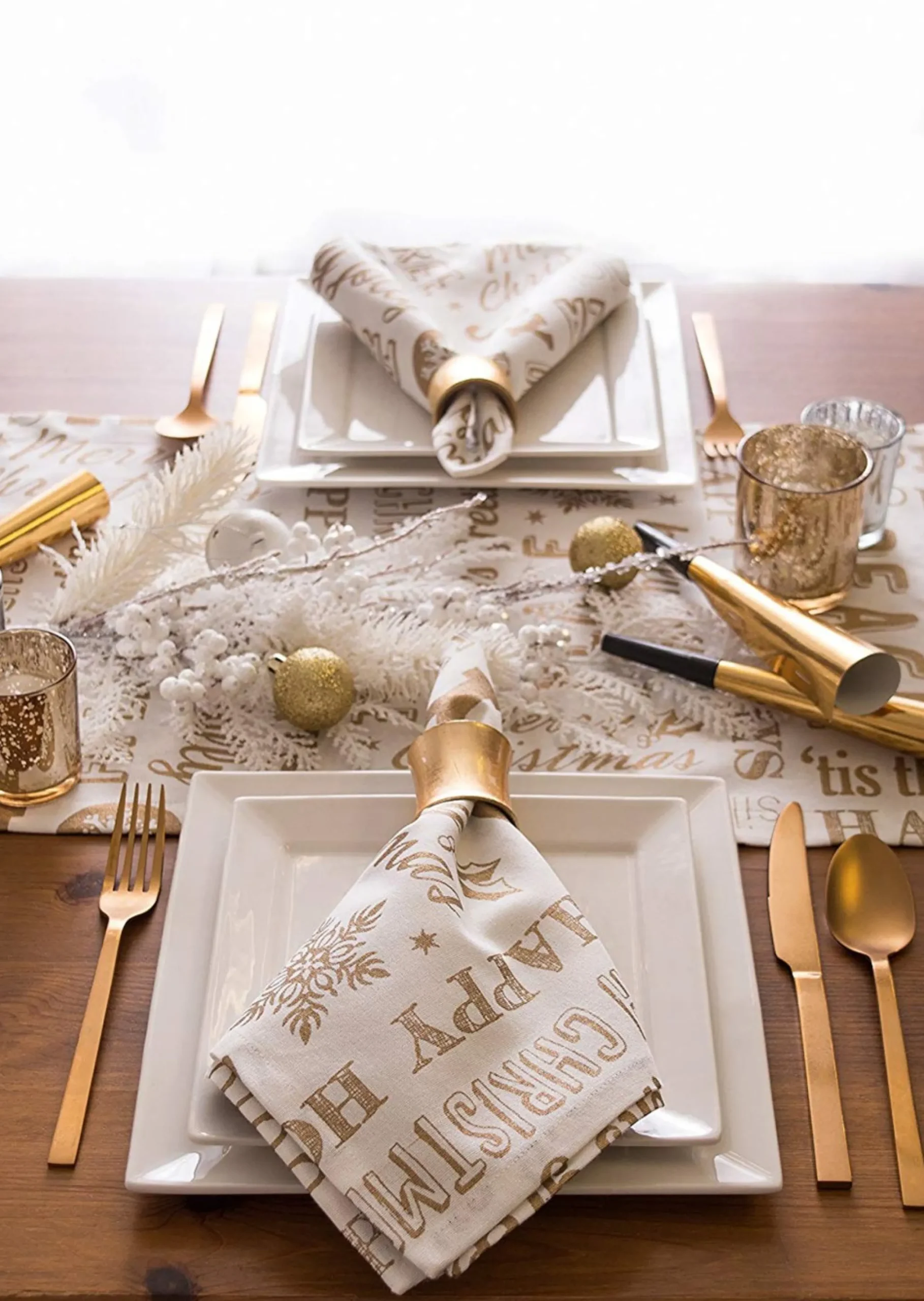 Linens*CC Home Furnishings 72" X 14" White And Gold Colored Christmas Collage Themed Table Runner