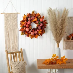 Specialty Wreaths*Nearly Natural Autumn Harvest Maple Berries And Pinecones Wreath, 28-Inch, Unlit
