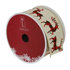 Ribbon*Northlight Beige And Red Plaid Buffalo With Reindeer Christmas Wired Craft Ribbon 2.5