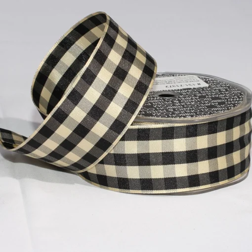 Ribbon*The Ribbon People Black And Ivory Gingham Wired Woven Edge Craft Ribbon 1.5" X 27 Yards