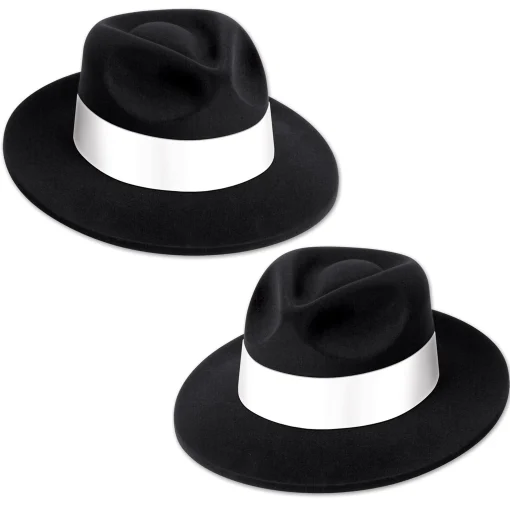 Beistle Club Pack Of 25 Black 20's Velour Fedora With White Band 5"