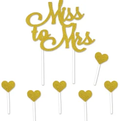 Party Central Club Pack Of 12 Glittery Gold Bachelorette Miss To Mrs Hearts Cake Topper Party Picks Decors 8.75"
