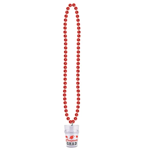 Beistle Club Pack Of 12 Metallic Red Beads With "Congrats Grad" Glass Party Necklaces 33"