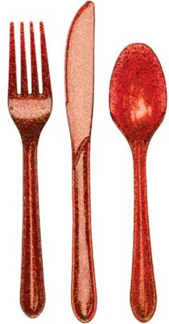 Party Central Club Pack Of 288 Red Glittered Heavy-Duty Knives And Spoons 9.5"