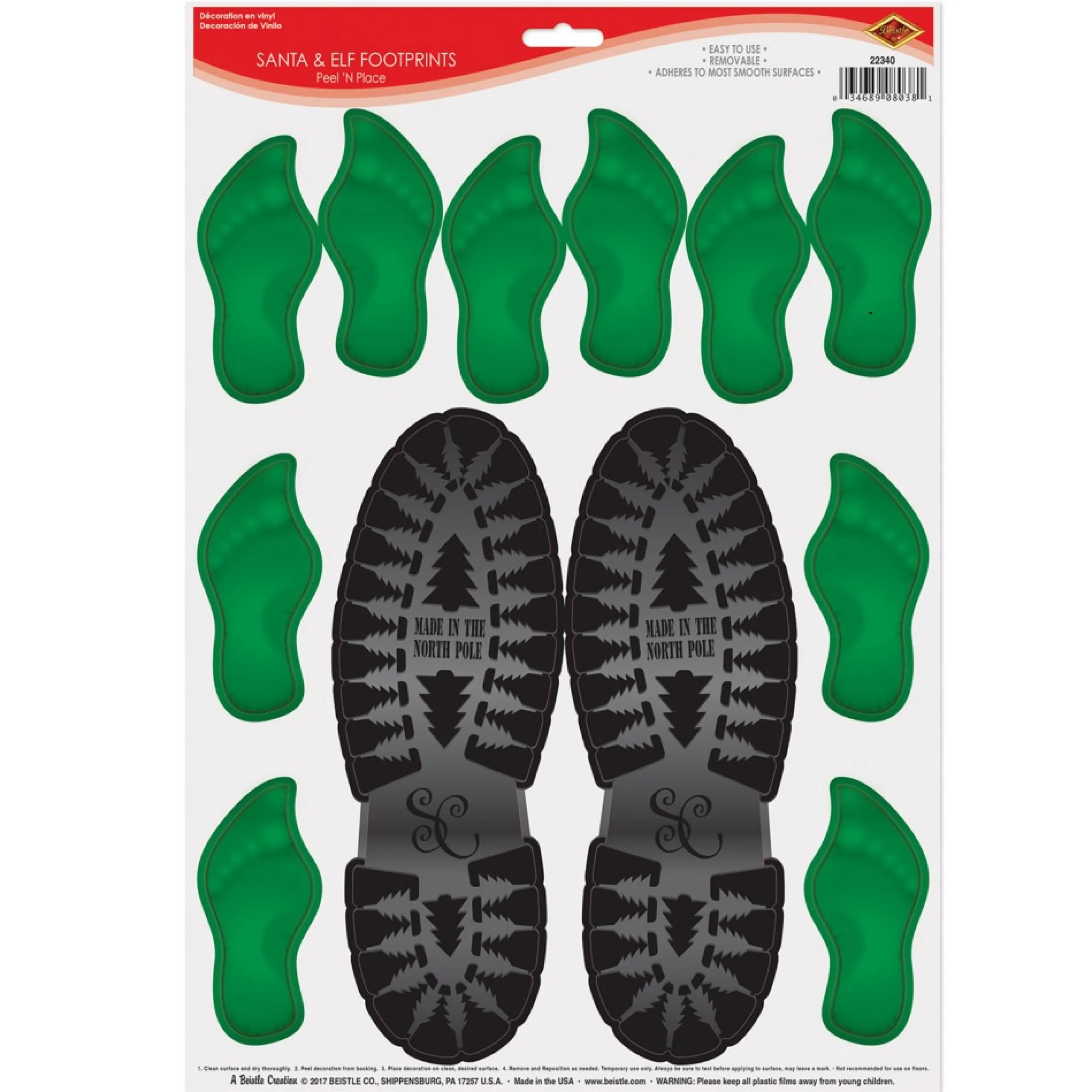 Party Supplies*Beistle Club Pack Of 12 Santa & Elf Footprints Peel 'N Place Christmas Decorations