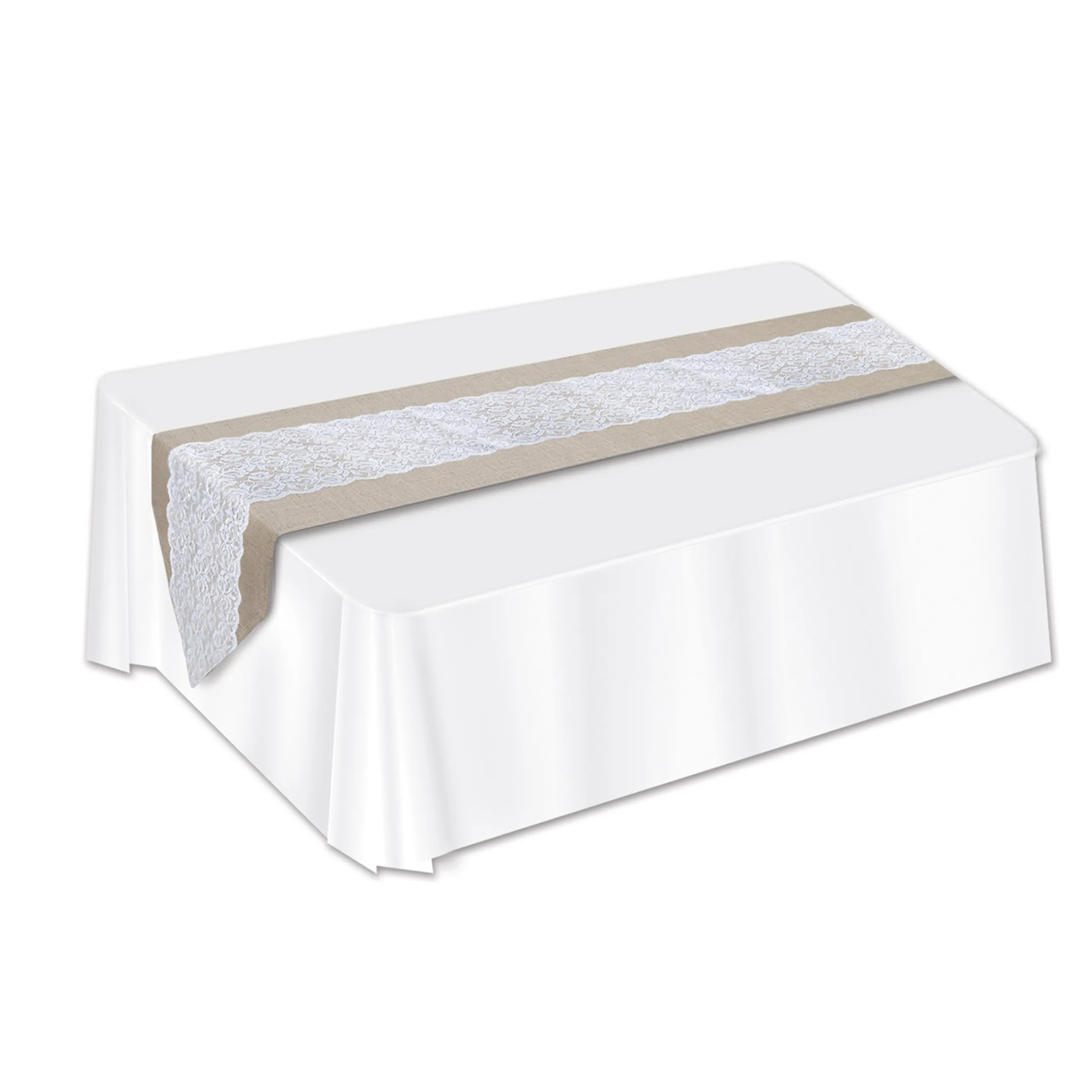 Party Central Club Pack Of 12 White And Brown Country Chic Lace Burlap Table Runners 72"