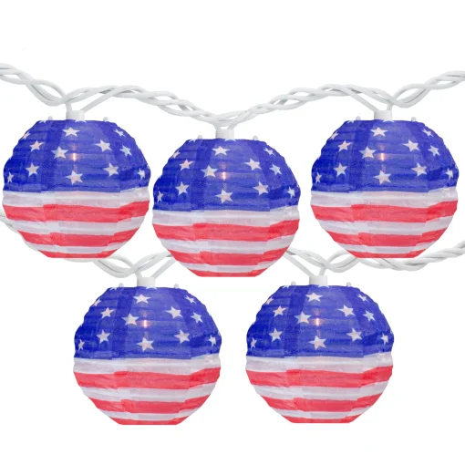 Northlight 10-Count American Flag 4Th Of July Paper Lantern Lights, 8.5Ft White Wire