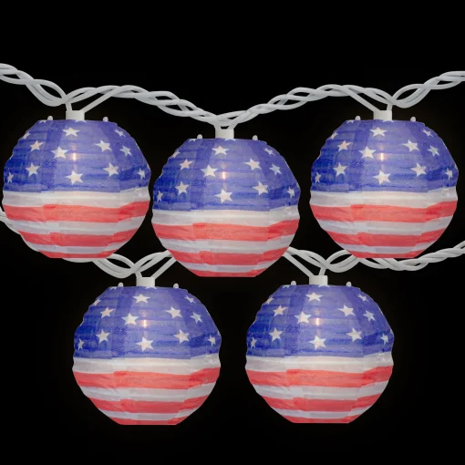 Northlight 10-Count American Flag 4Th Of July Paper Lantern Lights, 8.5Ft White Wire
