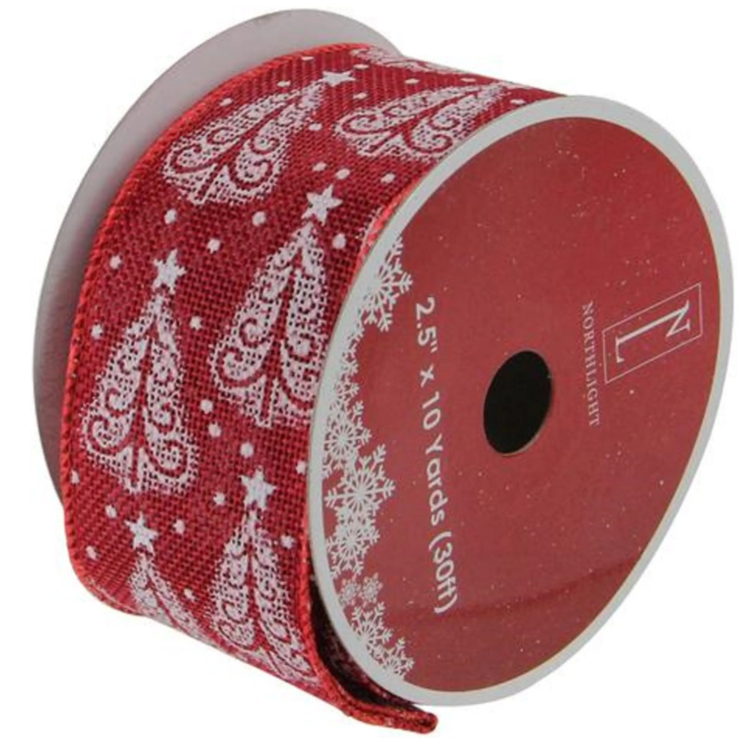Ribbon*Northlight Cranberry Red And White Trees Burlap Wired Christmas Craft Ribbon 2.5" X 10 Yards
