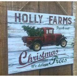 Signs & Plaques*Glow Decor Cream White And Red Holly Farms Rectangular Sign With Rope Hanger 7
