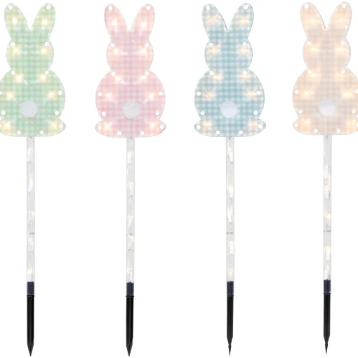 Northlight 4Ct Plaid Pastel Bunny Easter Pathway Marker Lawn Stakes, Clear Lights