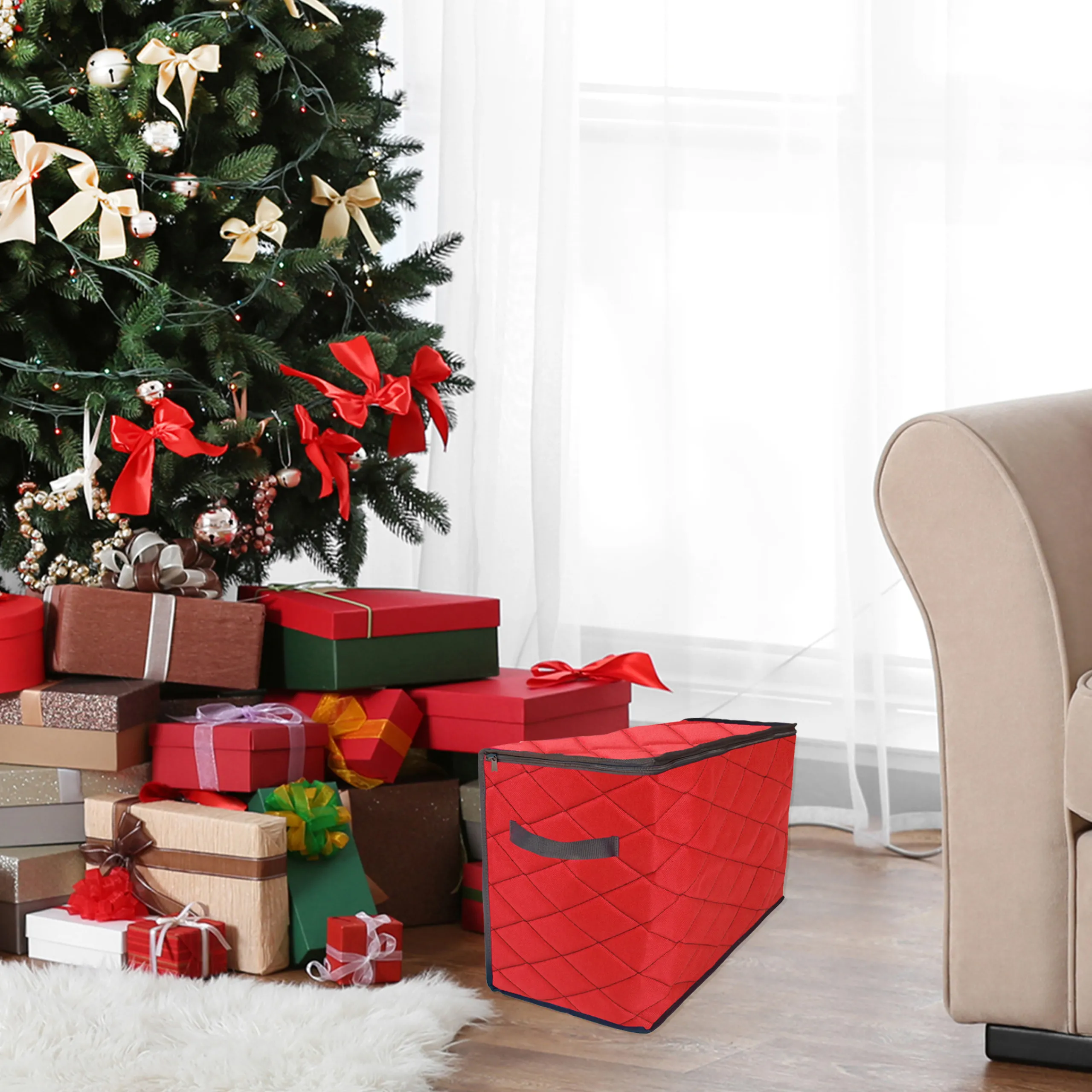 Northlight Ornament Storage>96Ct Red And Black Quilted Zip Up Christmas Ornament Storage Tub