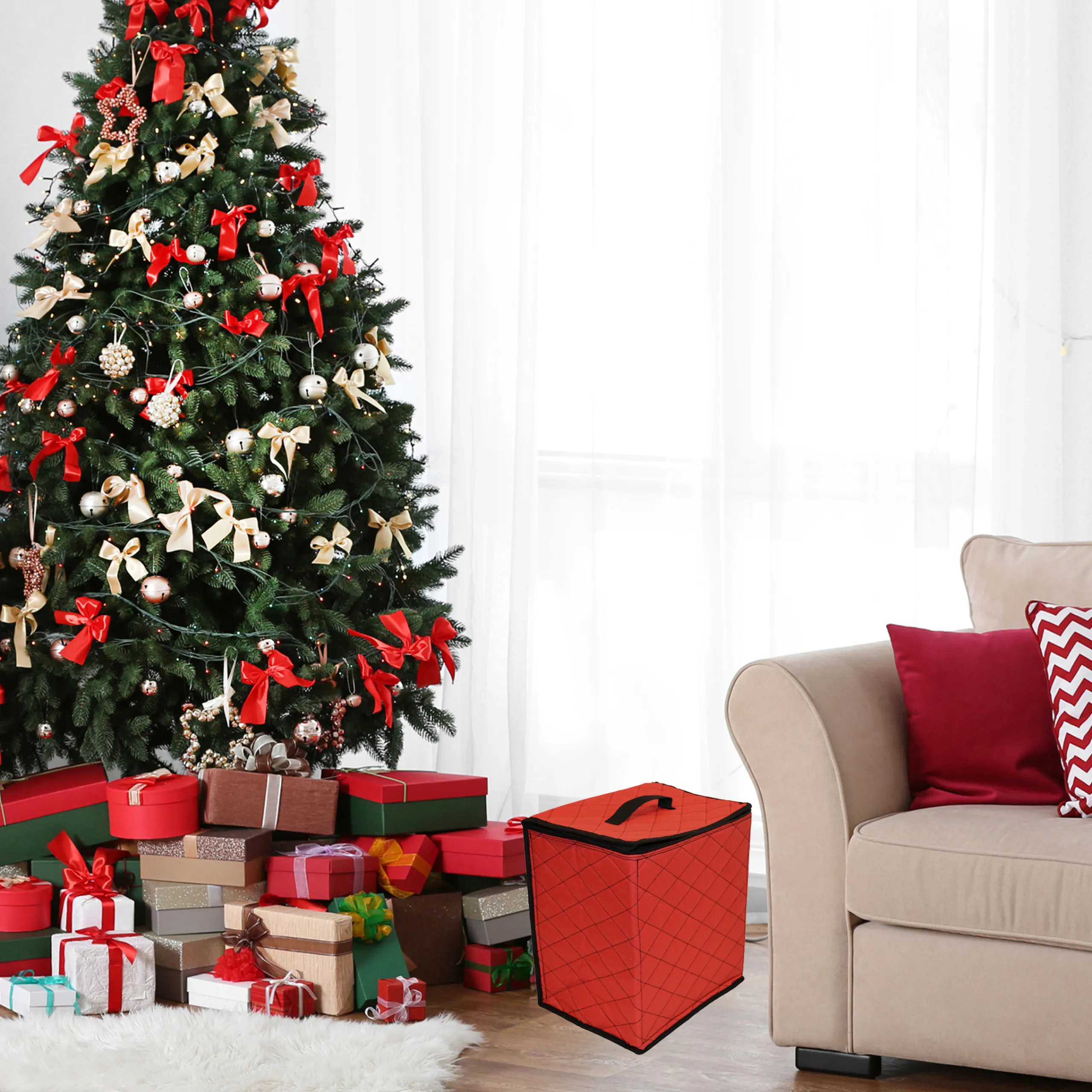 Northlight Ornament Storage>48Ct Red And Black Quilted Zip Up Christmas Ornament Storage Tub