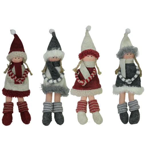 Northlight Fantasy & Sci Fi>4Ct Red And Gray Girls With Scarves Christmas Doll Ornaments 12"