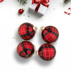 Northlight Glass Balls></noscript>4Ct Red, Black And Gold Plaid Glass Ball Christmas Ornaments 3.25