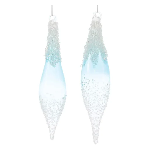 Melrose Finials>12Ct White And Blue Beaded Glass Christmas Drop Ornaments 9"