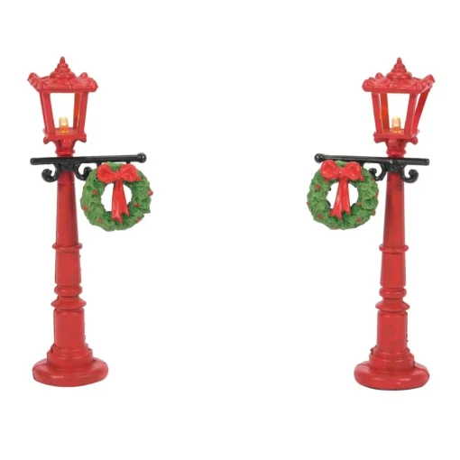 Christmas Villages*Department 56 Dept 56 Set Of 2 Red Christmas Village Street Lights With Wreaths