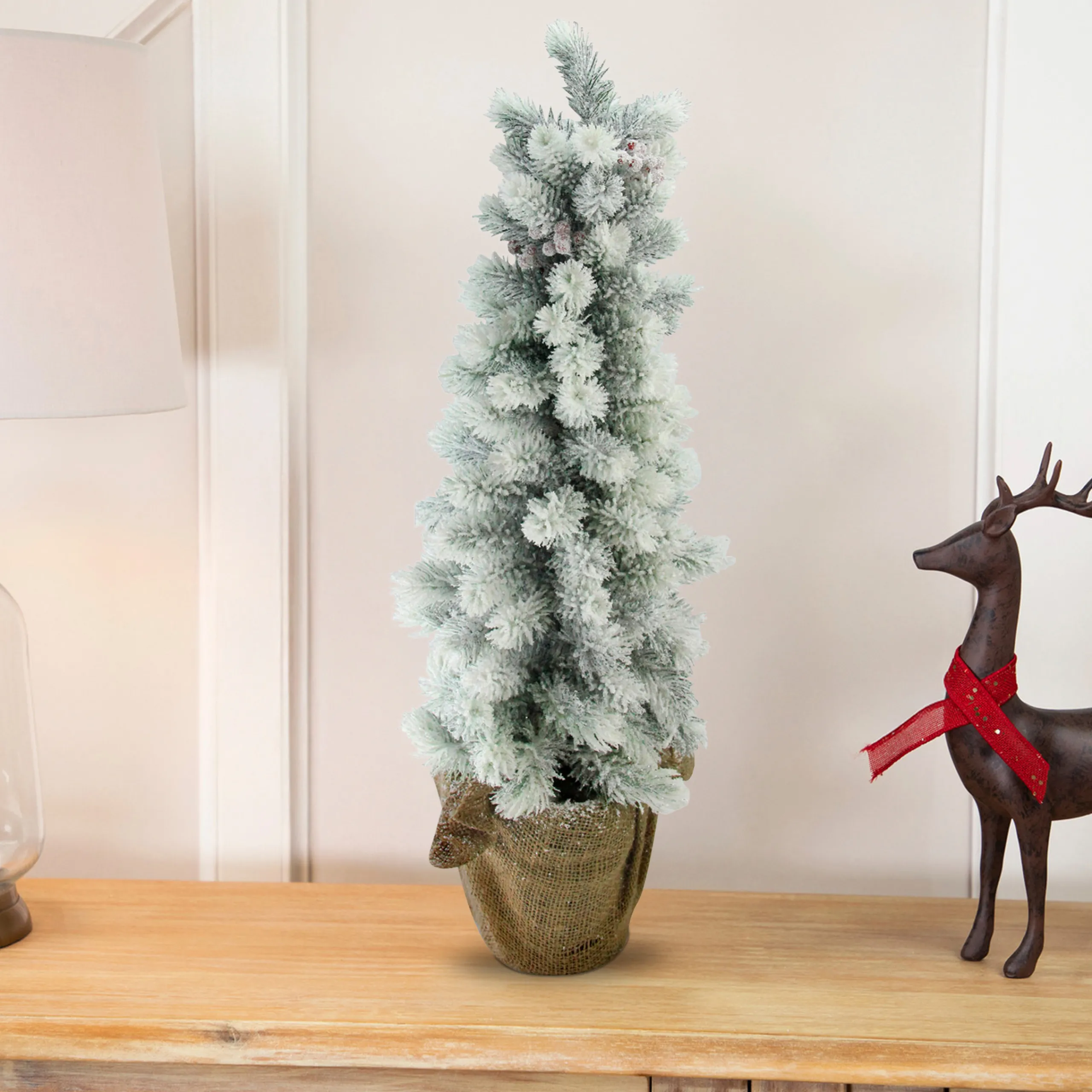 Northlight 2.5 Feet Tall And Smaller>2Ft Potted Flocked Mini Pine Slim Christmas Tree With Berries - Unlit