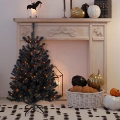 Northlight Black Trees>4Ft Pre-Lit Black Noble Spruce Artificial Halloween Tree, Orange Lights