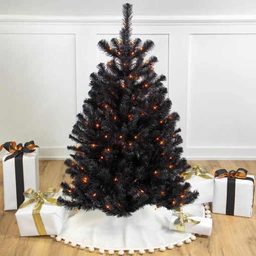 Northlight Black Trees>4Ft Pre-Lit Black Noble Spruce Artificial Halloween Tree, Orange Lights