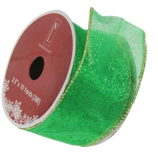 Ribbon*Northlight Glittering Green And Gold Solid Wired Christmas Craft Ribbon 2.5" X 10 Yards