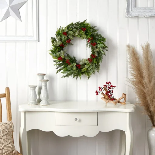 Specialty Wreaths*Nearly Natural Green And Red Artificial Cedar, Eucalyptus And Berries Christmas Wreath, 24-Inch, Unlit