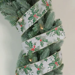 Ribbon*Northlight Ivory And Green Holly Leaves Christmas Wired Craft Ribbon 2.5" X 16 Yards