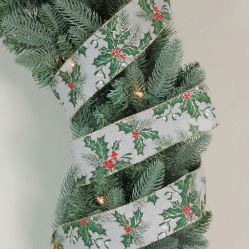 Ribbon*Northlight Ivory And Green Holly Leaves Christmas Wired Craft Ribbon 2.5" X 16 Yards