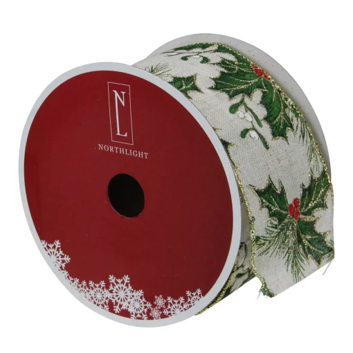 Ribbon*Northlight Ivory And Green Holly Leaves Christmas Wired Craft Ribbon 2.5" X 16 Yards