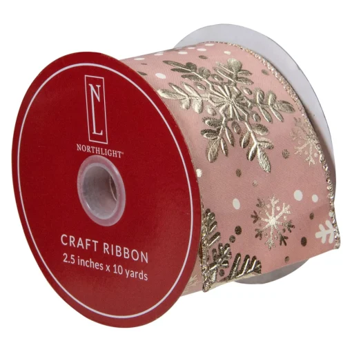 Ribbon*Northlight Pink And Gold Snowflake Christmas Wired Craft Ribbon 2.5" X 10 Yards