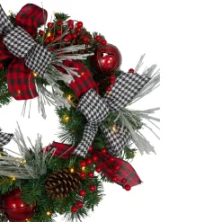 Pre-Lit Wreaths*Northlight Pre-Lit Decorated Plaid And Houndstooth Artificial Christmas Wreath - 24-Inch, Warm White Lights
