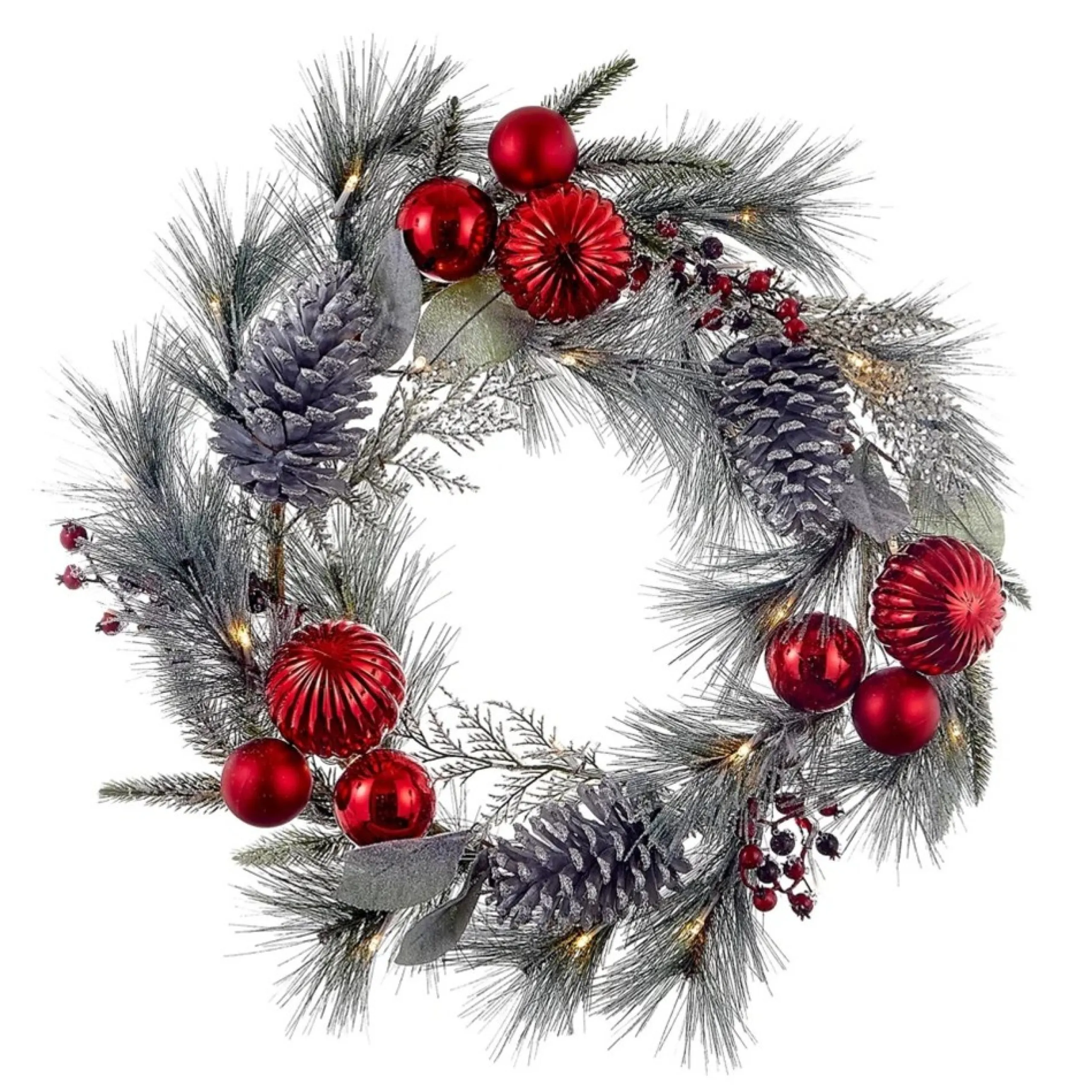Traditional Pine Wreaths*KSA Pre-Lit Silver And Red Artificial Christmas Wreath, 22-Inch, Warm White Lights