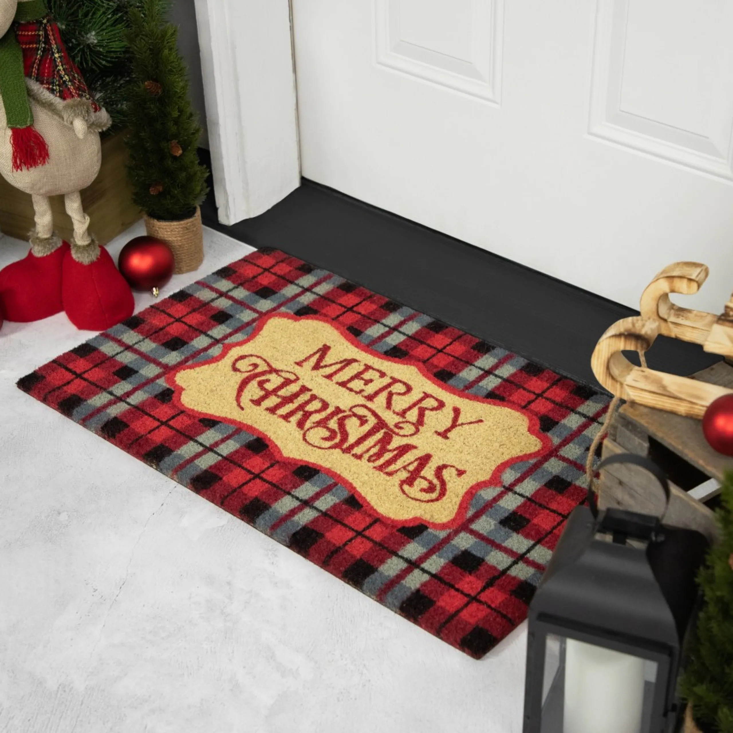 Wall & Door Decorations*Northlight Red And Black Plaid "Merry Christmas" Rectangular Doormat 18" X 30"