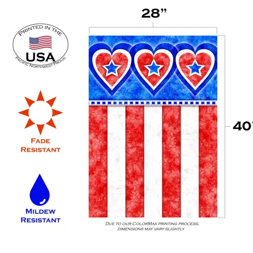 Toland Home Garden Red And Blue Hearts With Stripes Patriotic Outdoor House Flag 40" X 28"