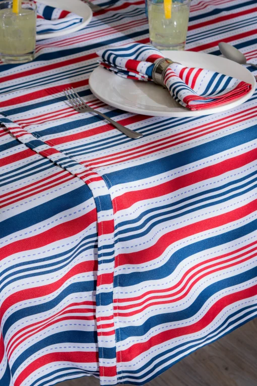 CC Home Furnishings Red And Blue Patriotic Striped Rectangular Tablecloth With Zipper 60" X 120"