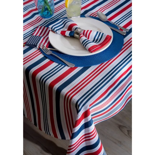 CC Home Furnishings Red And Blue Patriotic Striped Rectangular Tablecloth 60" X 84"