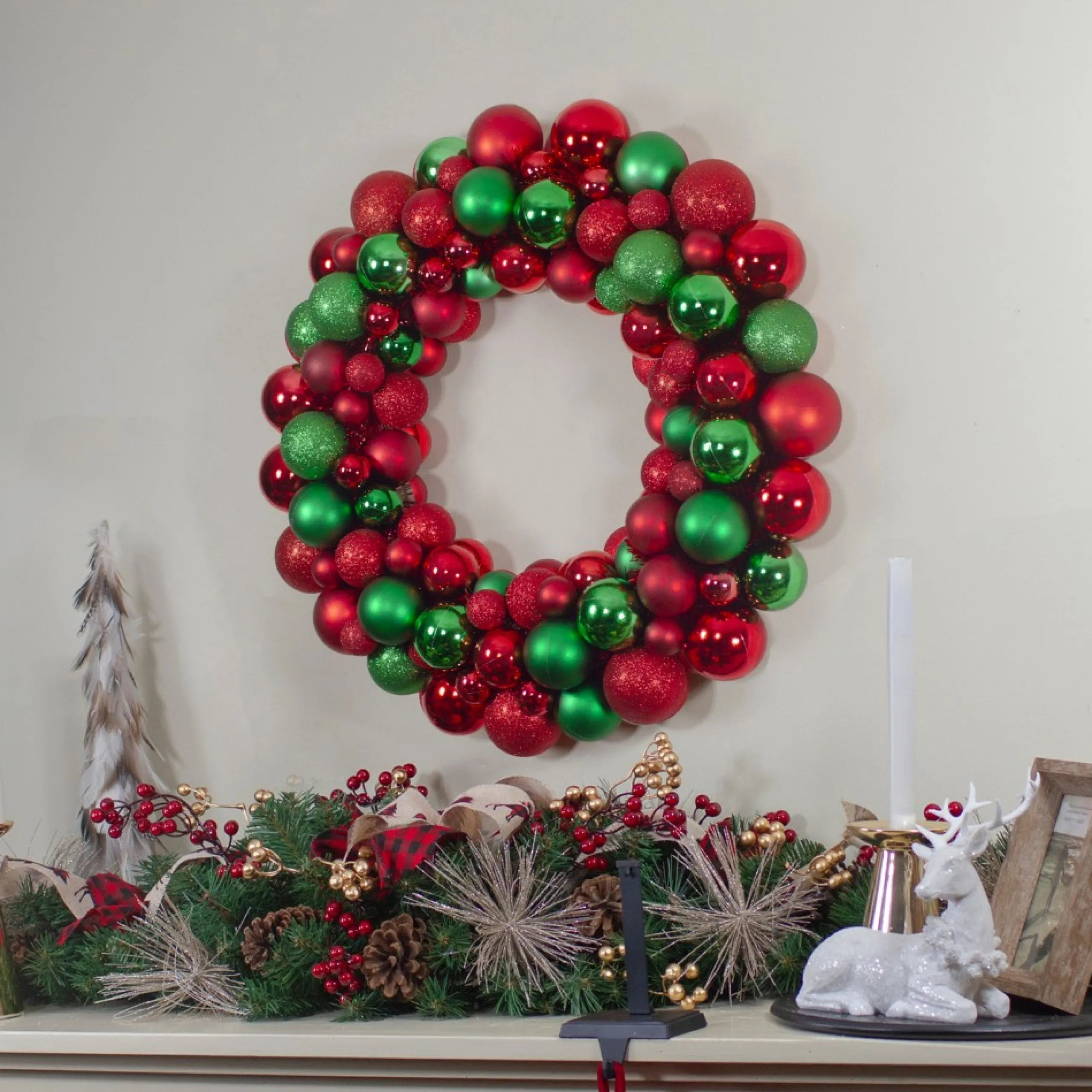 Shatterproof Ball Wreaths*Northlight Red And Green 3-Finish Shatterproof Ball Christmas Wreath - 24-Inch, Unlit