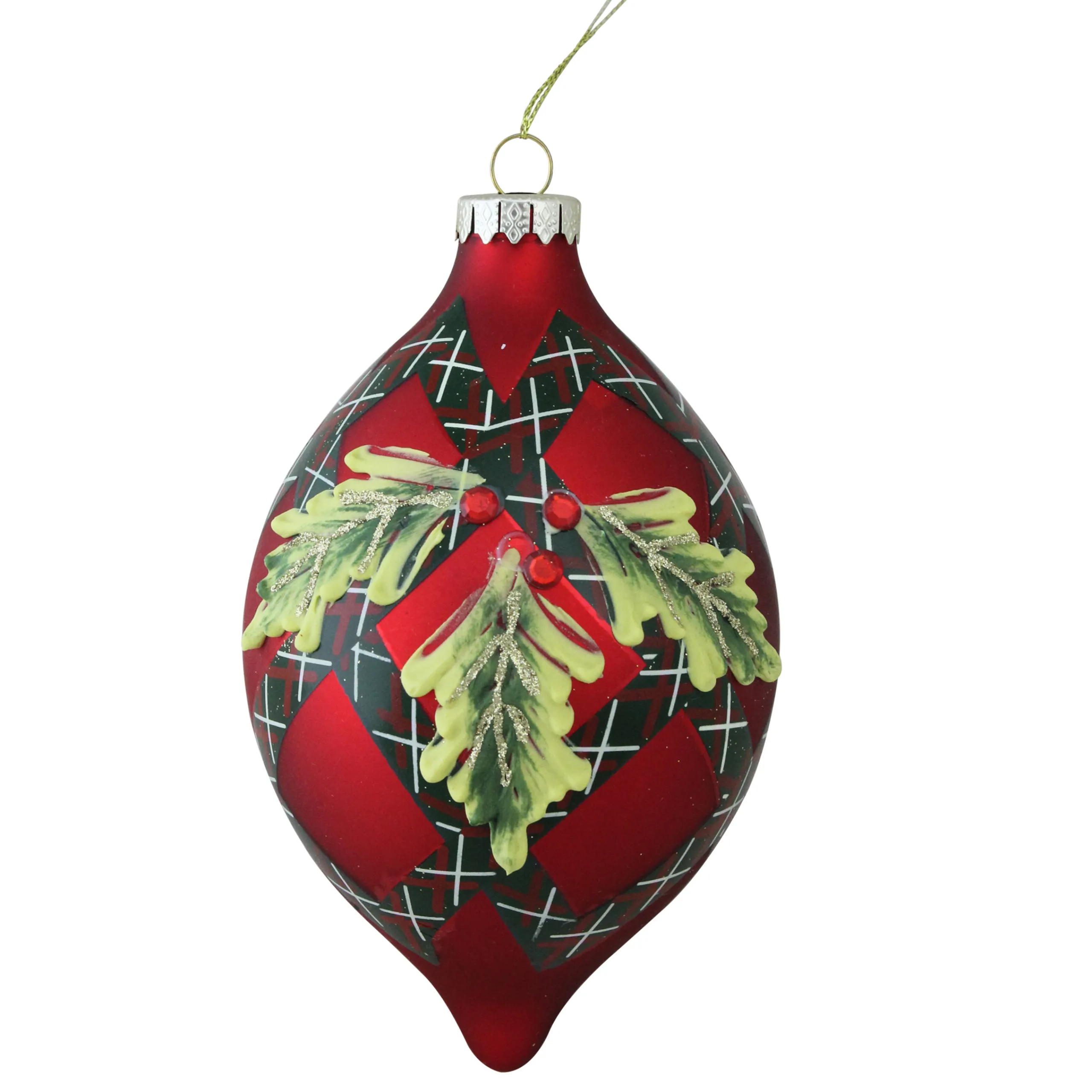 Northlight Finials>Red And Green Geometric Plaid Mistletoe Finial Glass Christmas Ornament 4.75" (120Mm)
