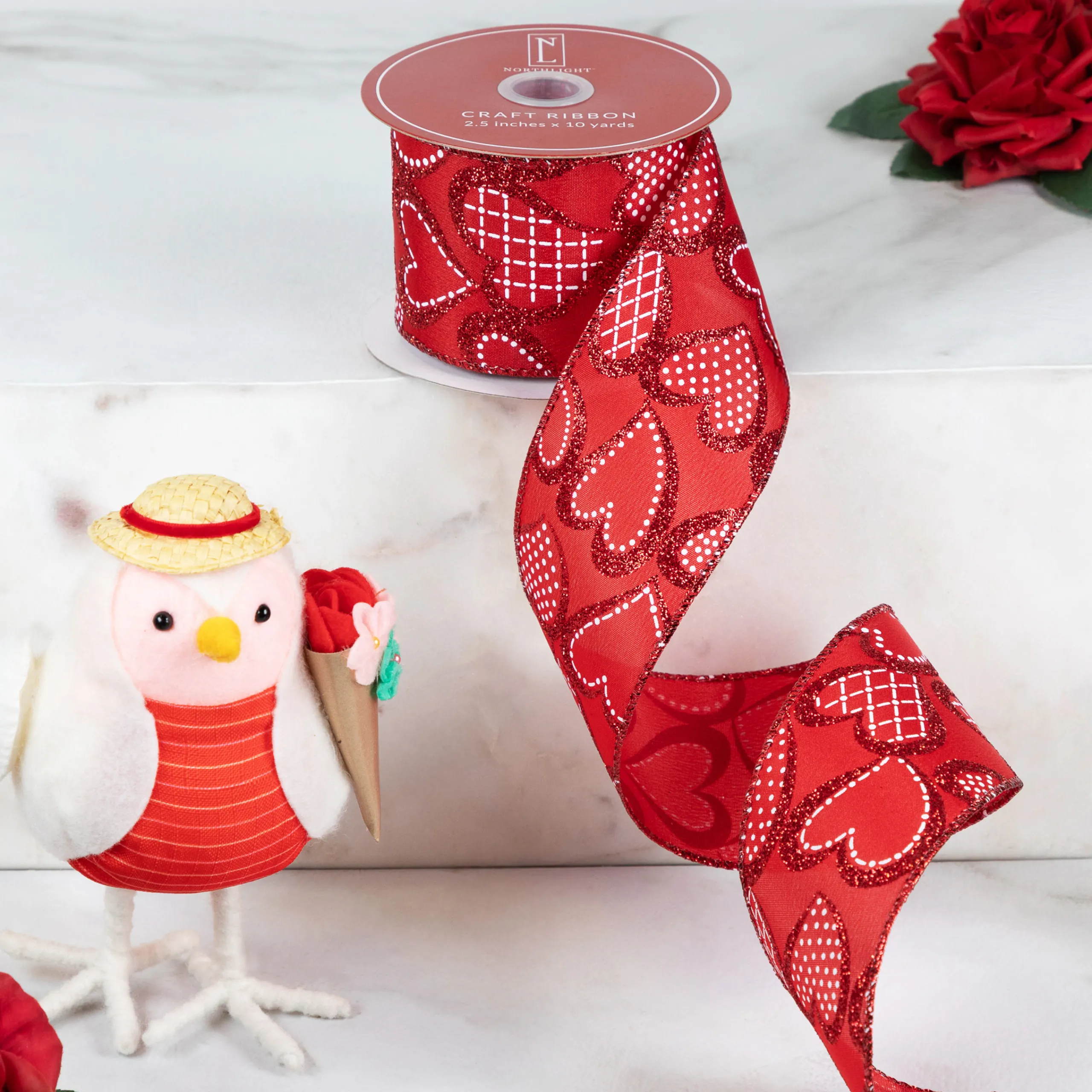 Northlight Red And White Glittered Hearts Valentine's Day Wired Craft Ribbon 2.5" X 10 Yards