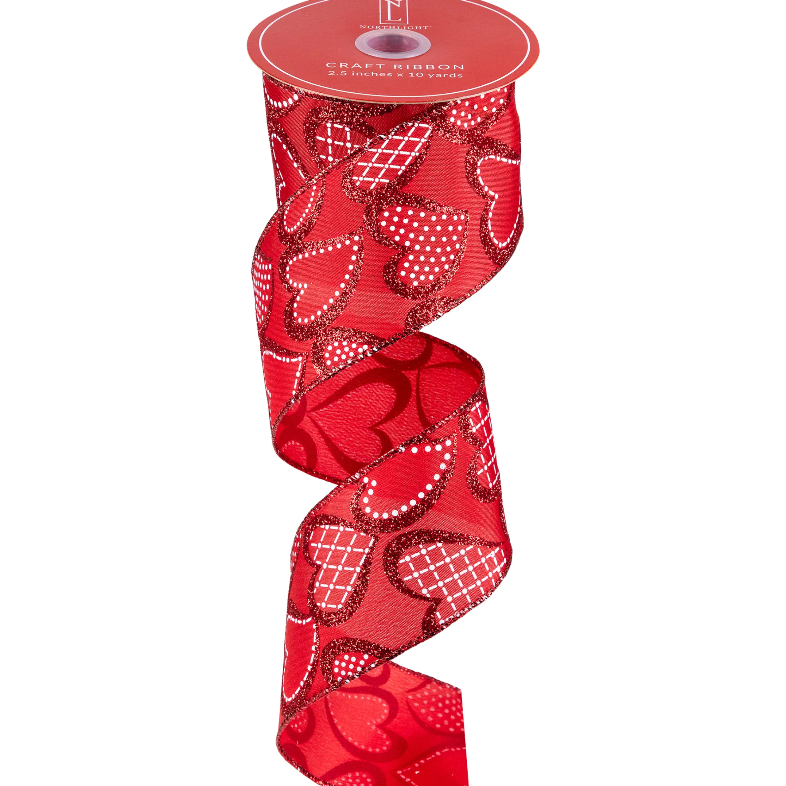 Northlight Red And White Glittered Hearts Valentine's Day Wired Craft Ribbon 2.5" X 10 Yards