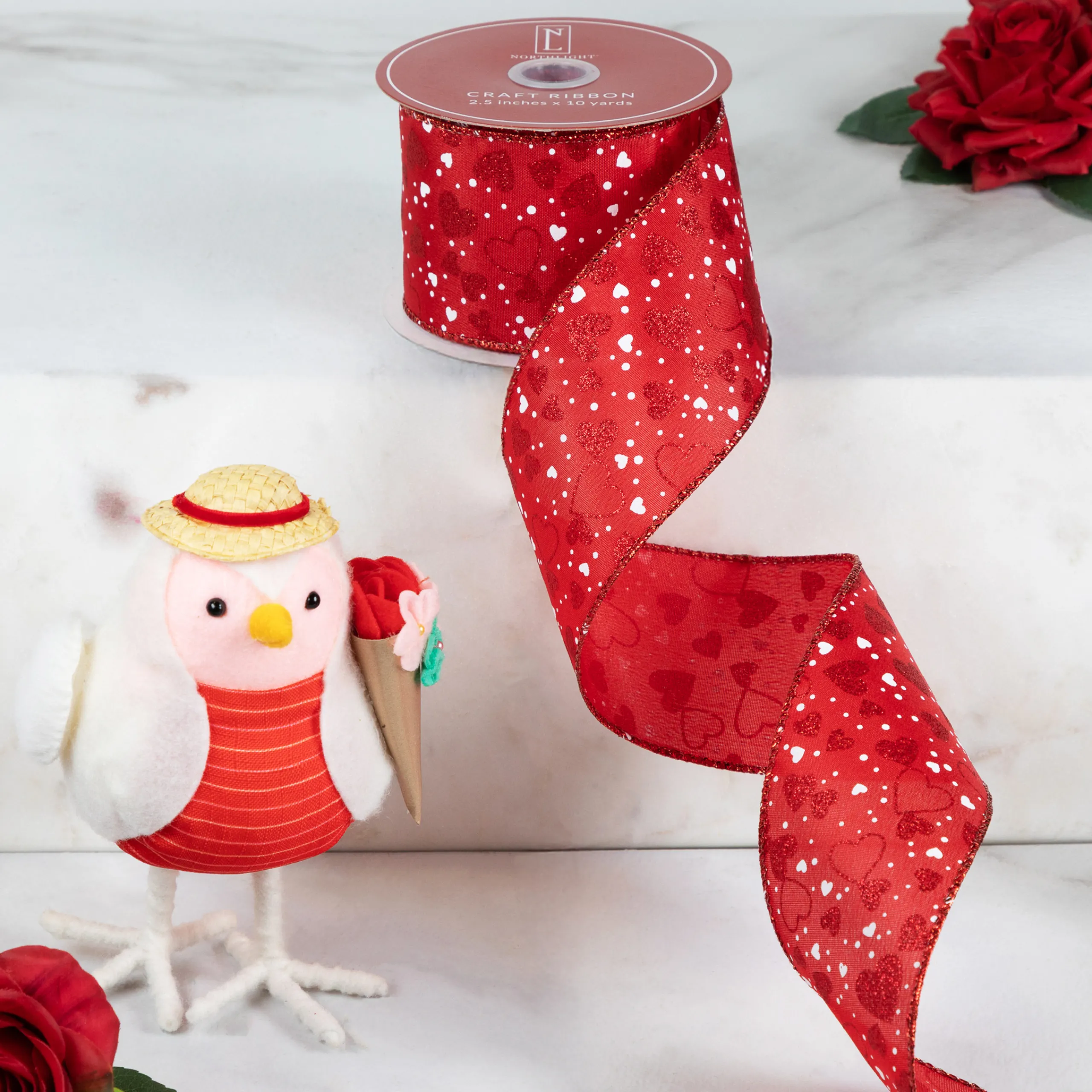 Northlight Red And White Hearts Valentine's Day Wired Craft Ribbon 2.5" X 10 Yards