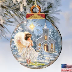 Designocracy Angels & Cherubs></noscript>Set Of 2 Angel At The Chapel Round Wooden Christmas Ornaments 5.5