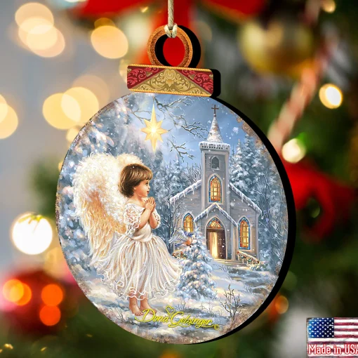 Designocracy Angels & Cherubs>Set Of 2 Angel At The Chapel Round Wooden Christmas Ornaments 5.5"