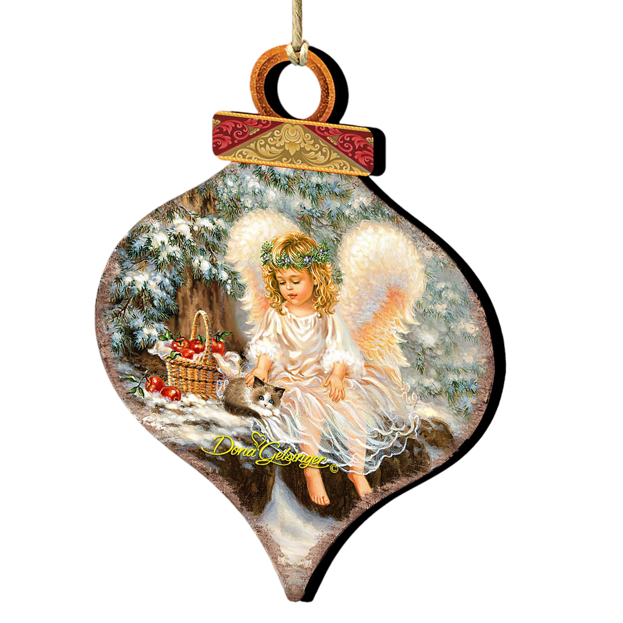 Designocracy Angels & Cherubs>Set Of 2 Angel With An Adorable Kitty Wooden Christmas Ornaments 5.5"